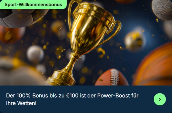 Goldpokal zwischen Bällen, 100% Sport-Willkommensbonus