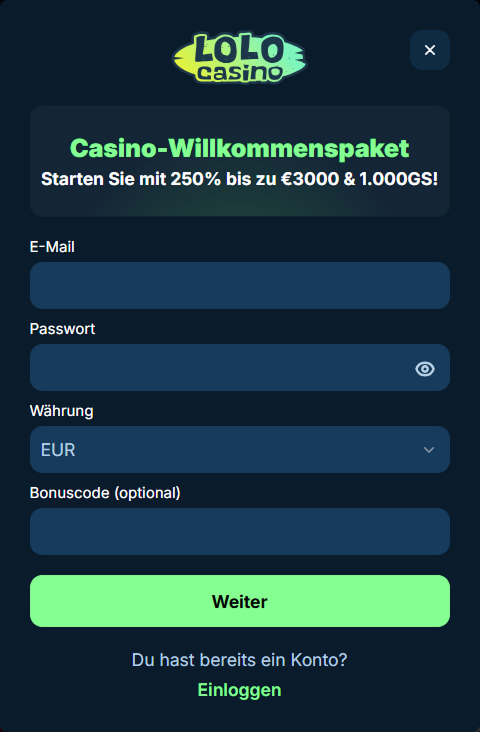 registration Registrierungsformular mit E-Mail, Passwort, Währung EUR