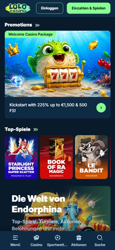Mobile Startseite Lolo Casino mit Top-Spielen
