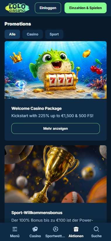 screen-2 Aktionsbereich mit Filtern Alle, Casino, Sport
